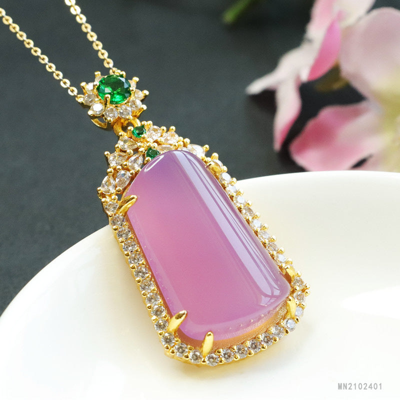 Pink Chalcedony Trapezoid Peace Plaque Pendant — No Chain