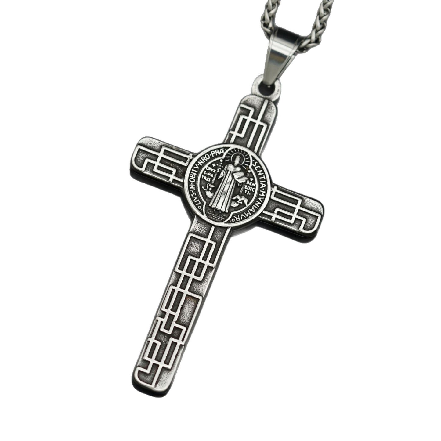 Stainless Steel Necklace - Statement Men's Cross Necklace in Antique Silver Finish