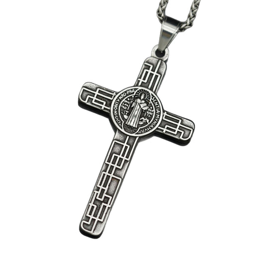 Stainless Steel Necklace - Statement Men's Cross Necklace in Antique Silver Finish
