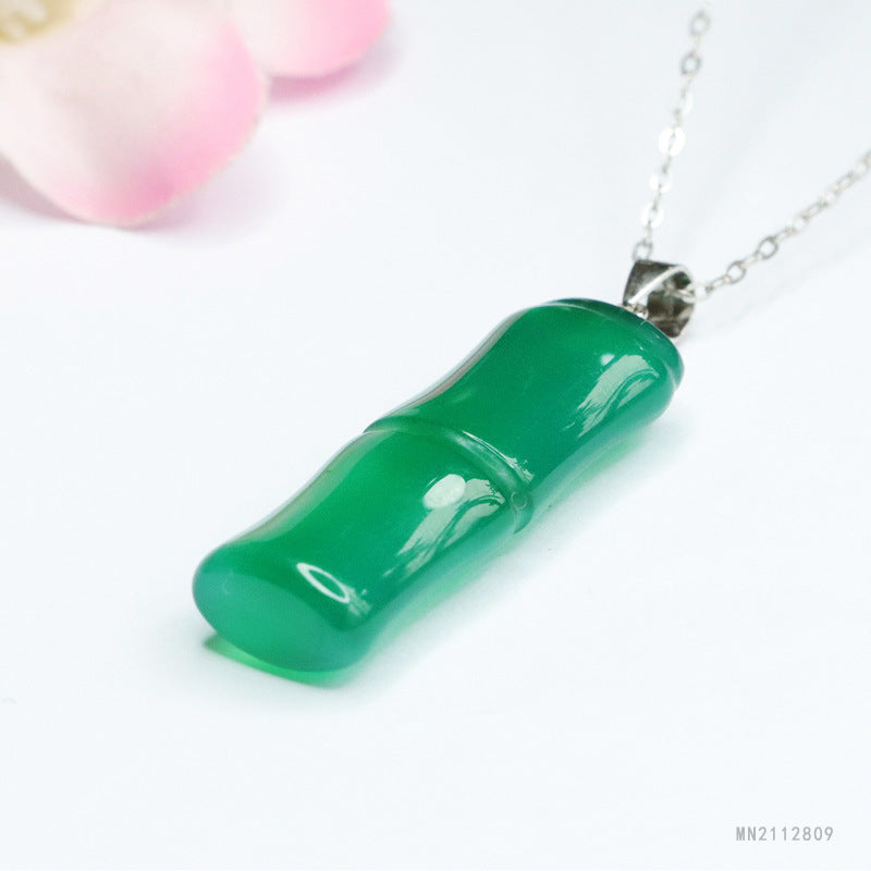 Icy Green Chalcedony Bamboo Silver Pendant — No Chain