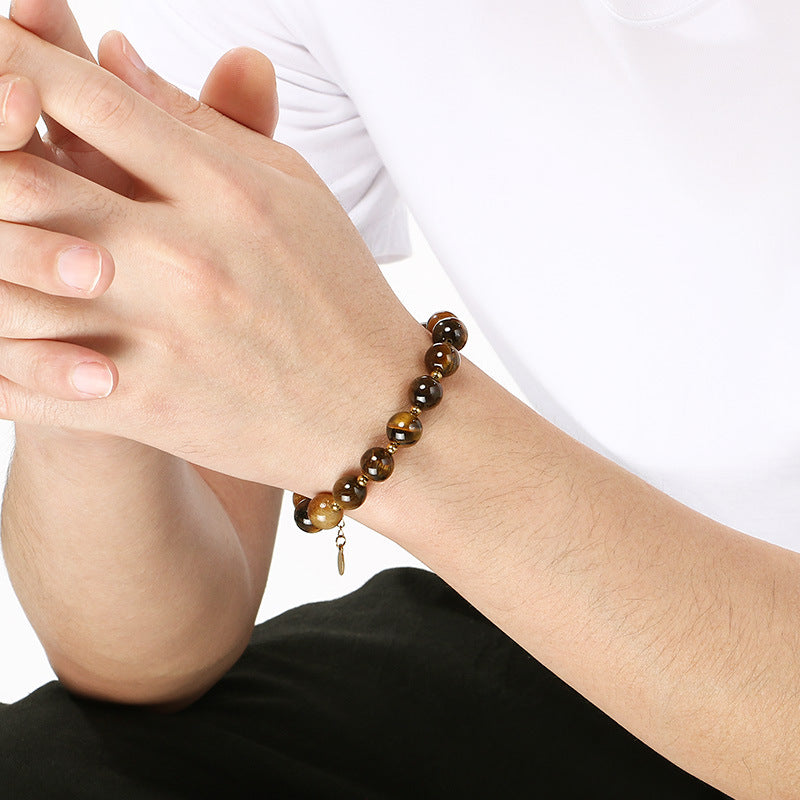 Bracelet – Tiger's Eye Stone Beaded Stainless Steel Round Beads With Extension Chain