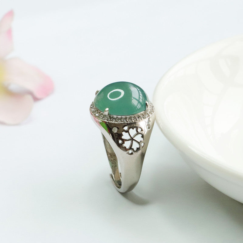 Sterling Silver Wide Ring with Natural Ice Blue Green Jade Oval Hollow Design