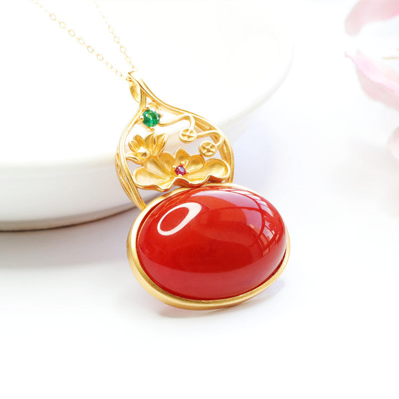 Agate Gourd & Lotus Silver Pendant — No Chain