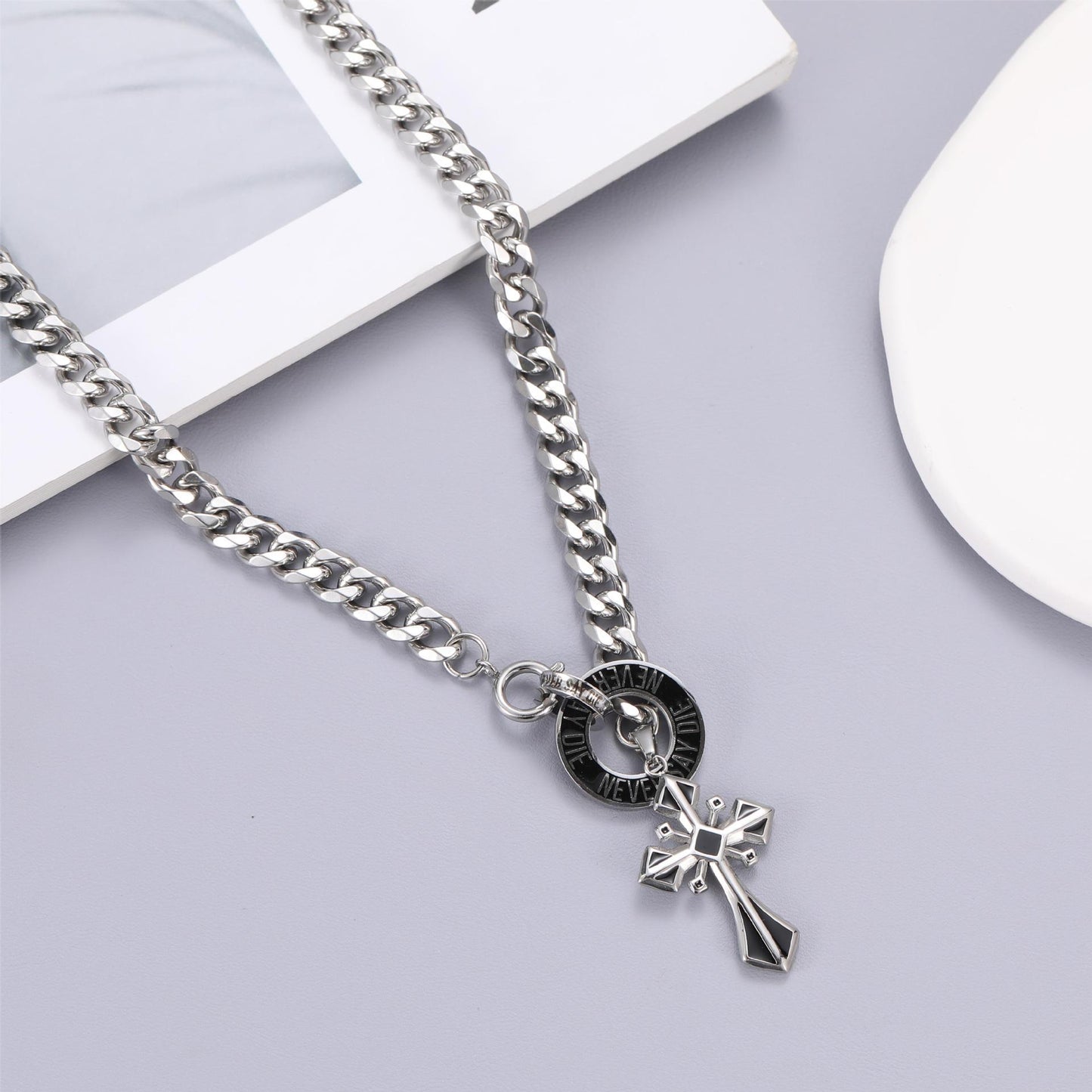 Planderful Jewelry Titanium Cross Necklace Men Cuban Link