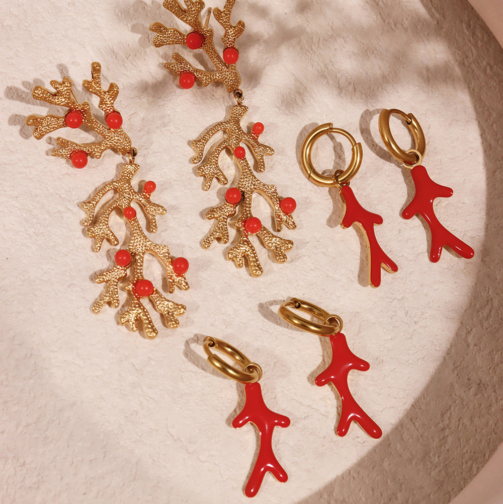 Planderful Red Coral Bead Oil Drop Earrings 18K Gold Women