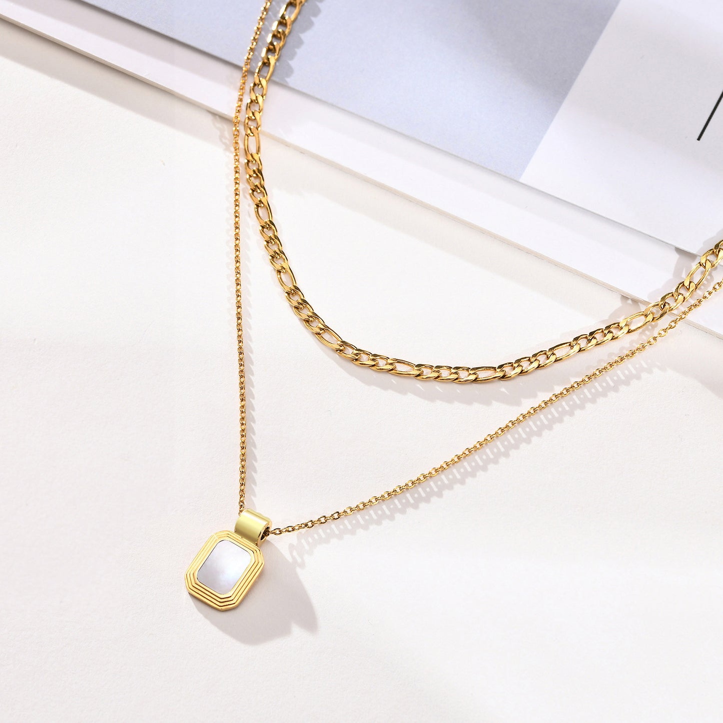 Stainless Steel Double Layer Geometric Square Tag Pendant Necklace