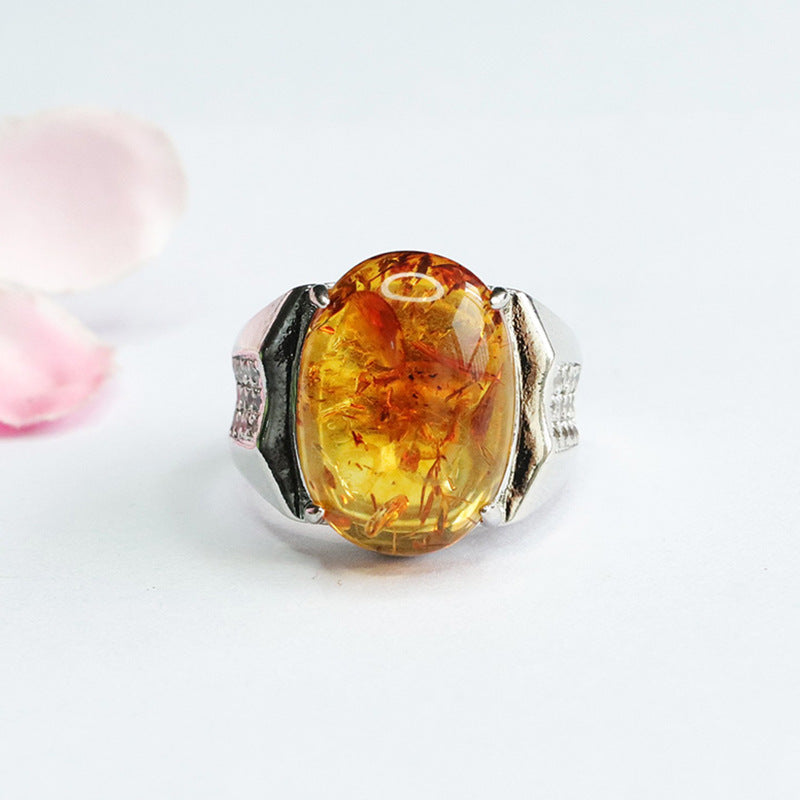 Ethnic Style Sterling Silver Beeswax Amber Ring with Adjustable Opening