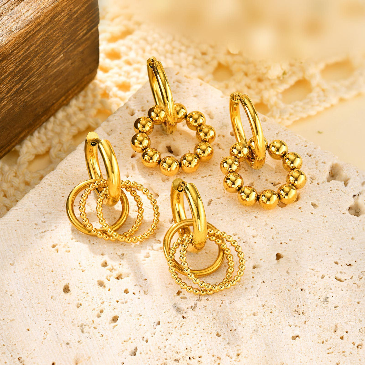 Beaded Circle Charm Hoop Earrings — 2 Gold Styles