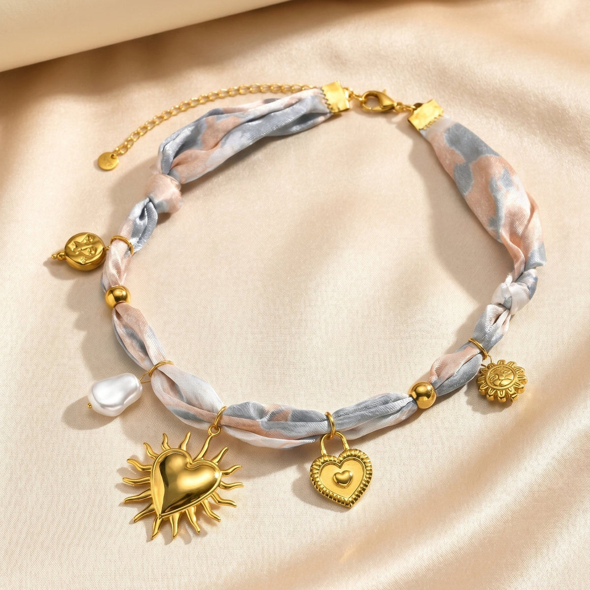 European – American Bohemian Stainless Steel Imitation Pearl Sunflower Printing Silk Necklace