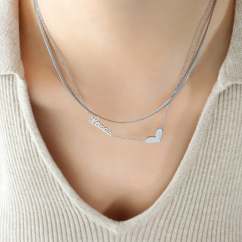 Layered Heart Necklace for Women - Elegant European & American Style Medium-Weight Metal Collarbone Chain