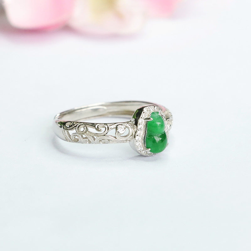 Hollow Sterling Silver Ring with Natural Ice Green Jade Gourd