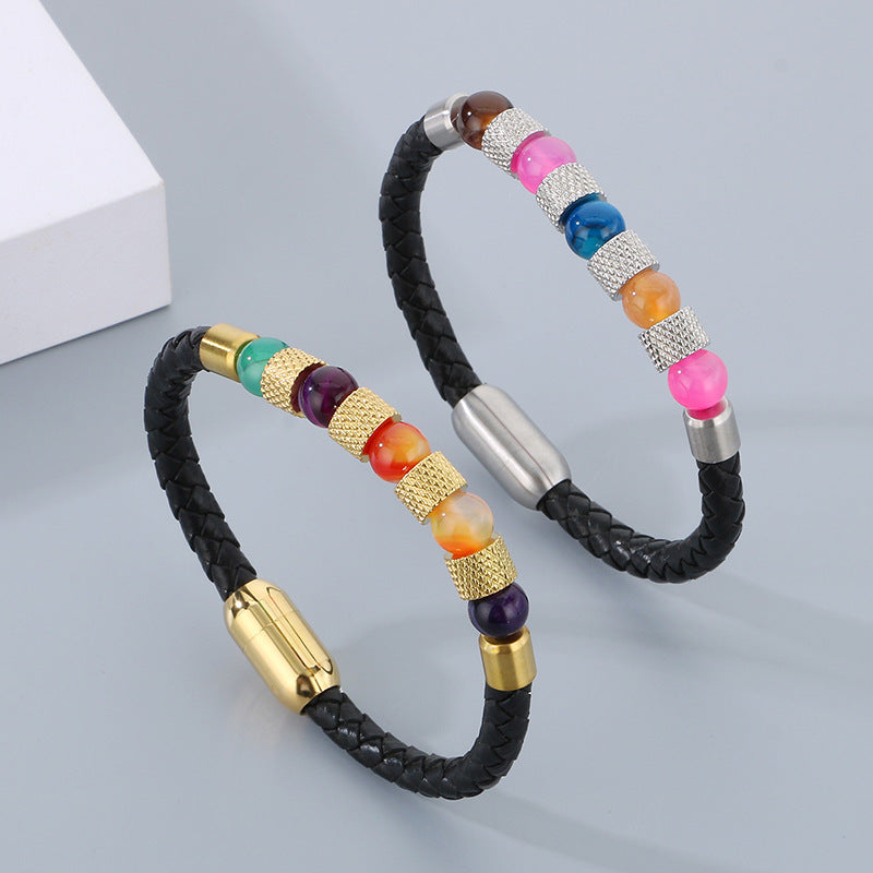 Planderful Men Magnetic Buckle Quartz Stone Leather Bracelet