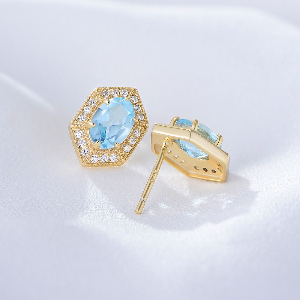 Geometric Blue Natural Topaz Earrings Sterling Silver Stud Earrings, Earrings