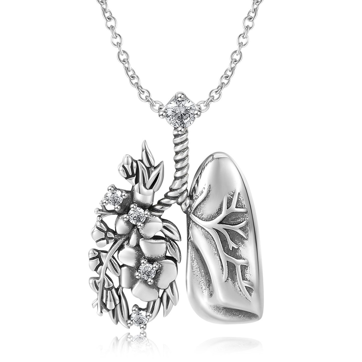 Lungs and Flower Pendant Silver Necklace