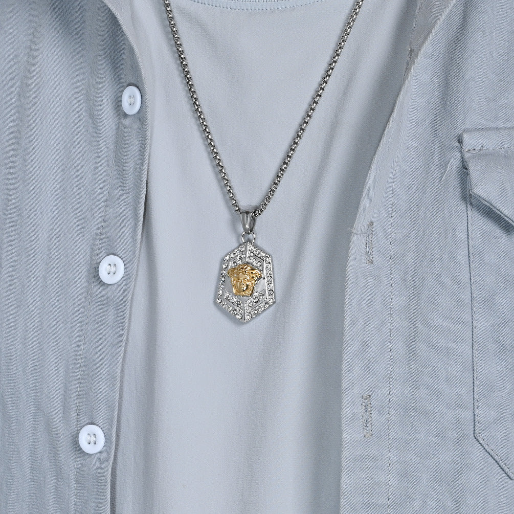 Planderful Medusa Pendant Necklace For Men Titanium Steel With Full Zircon Geometric Light Luxury