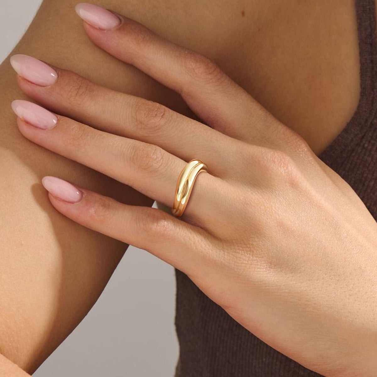 Punk Cool Ring Stainless Steel Plated Gold Double Wave Ring