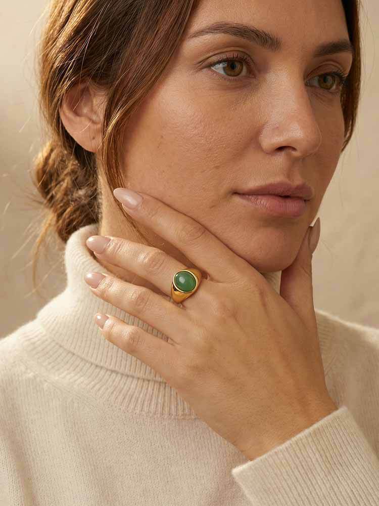 Stainless Steel Water Drop Natural Tiger's Eye Stone Oval Heart-Shaped Dongling Jade Ring