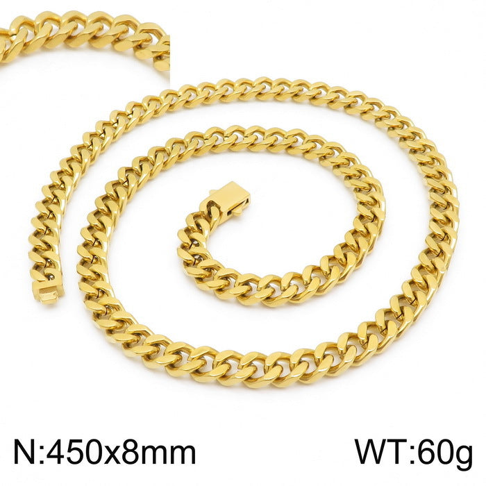 Stainless Steel Cuban Chain Bracelet, Rock Street Men's Vacuum Plated Four-Sided Grinding Square Necklace