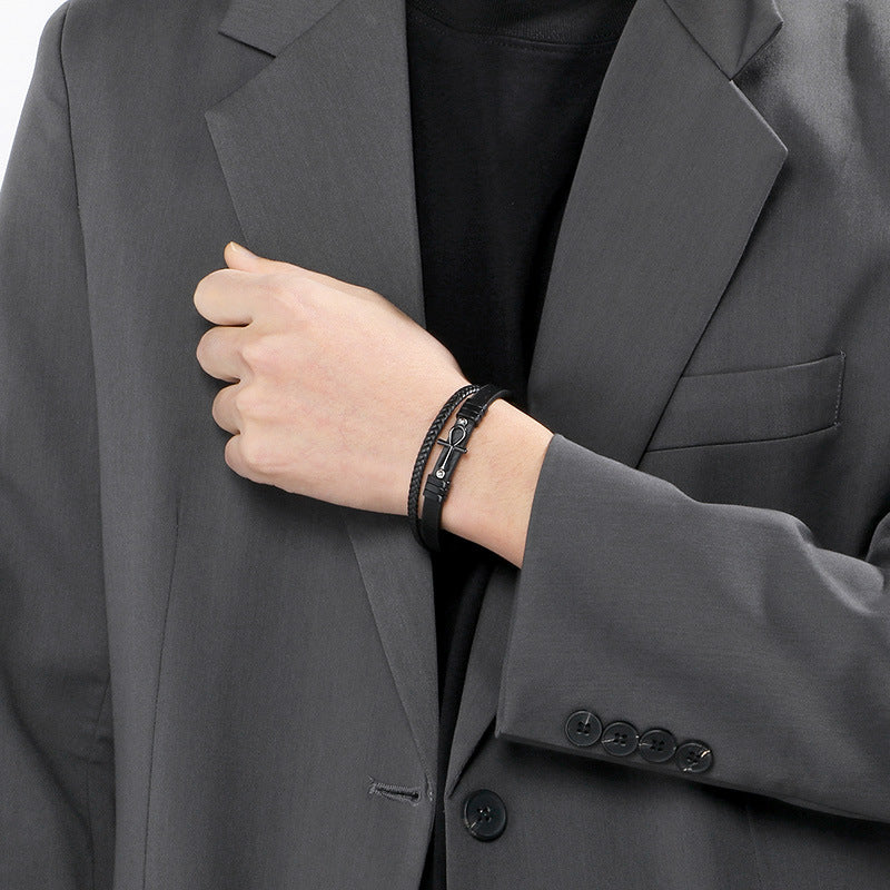 Multi-Layer Woven Leather Magnetic Buckle Stainless Steel Anka Symbol Cross Men's Bracelet