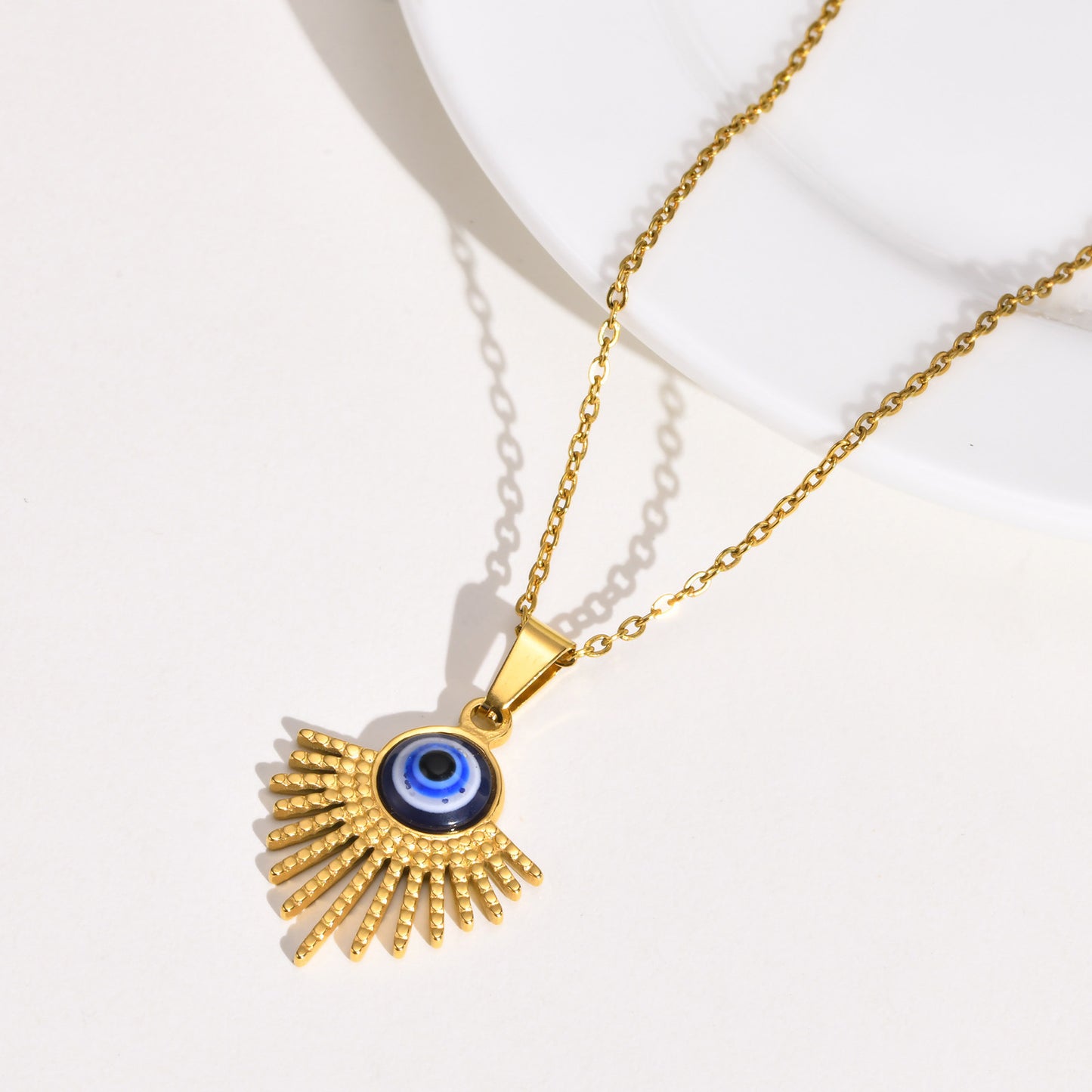 Stainless Steel Fan-Shaped Devil's Eye Gold Pendant Necklace