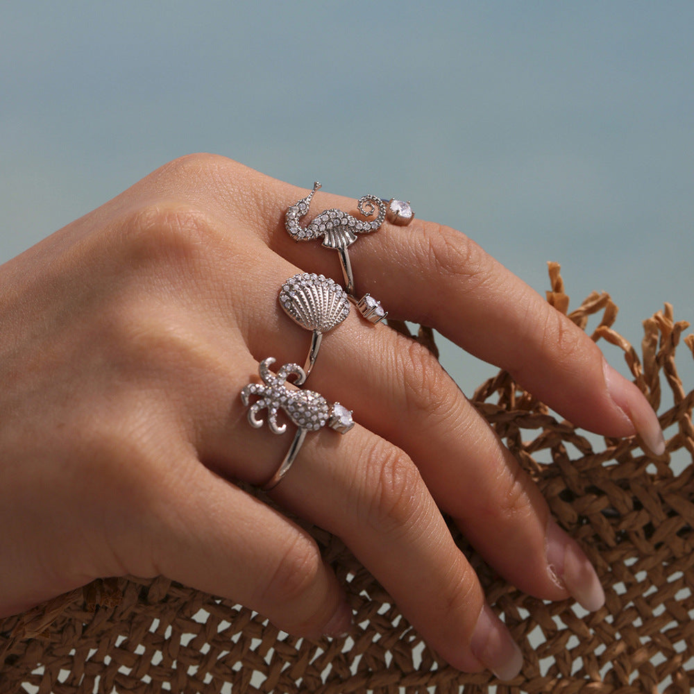 Planderful Zircon Open Marine Life Ring Women Seahorse