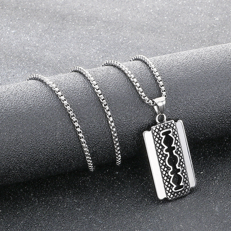 Retro Trend Hip-Hop Blade Necklace, Niche Rhombus Pattern Razor Stainless Steel Men's Pendant