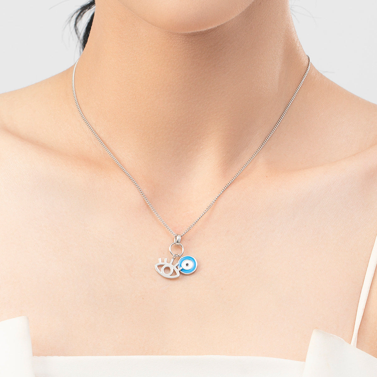 Sterling Silver Enamel Blue Eyes Necklace for Women
