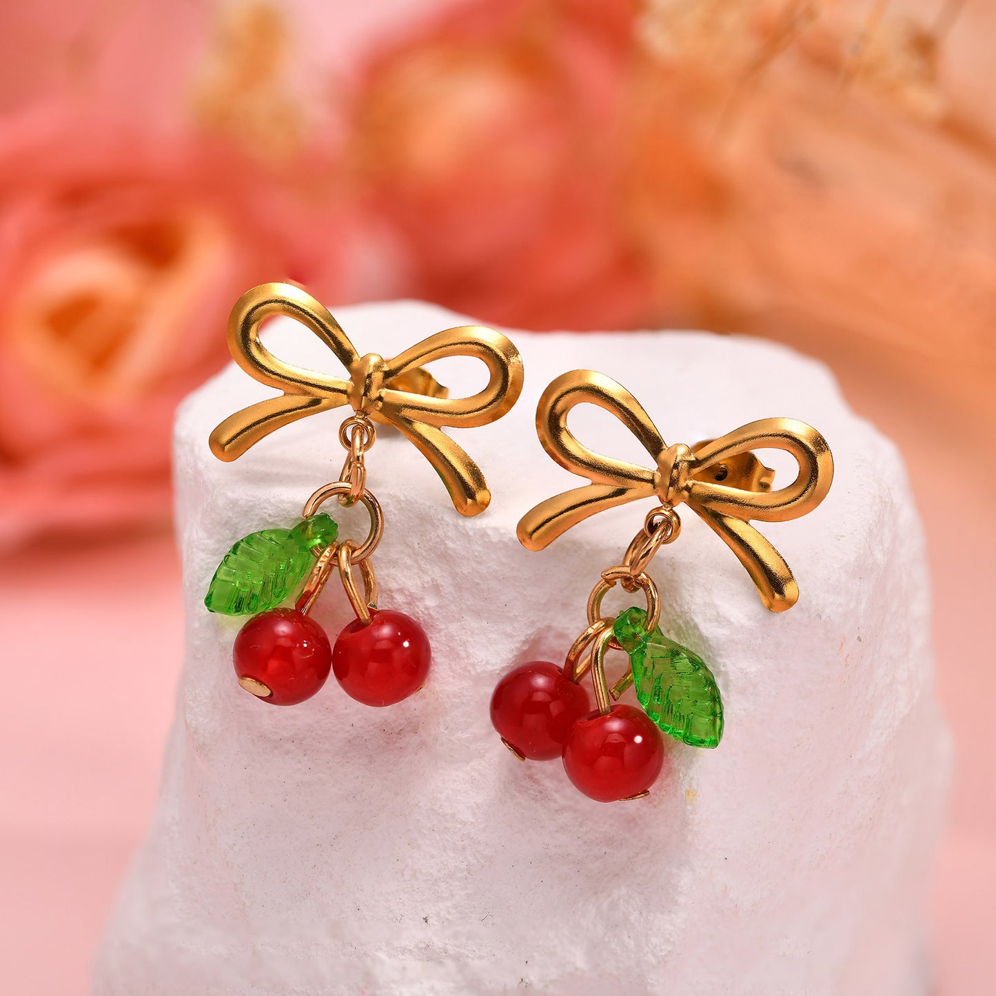 Europe America Stainless Steel Bow Red Cherry Gold Earrings