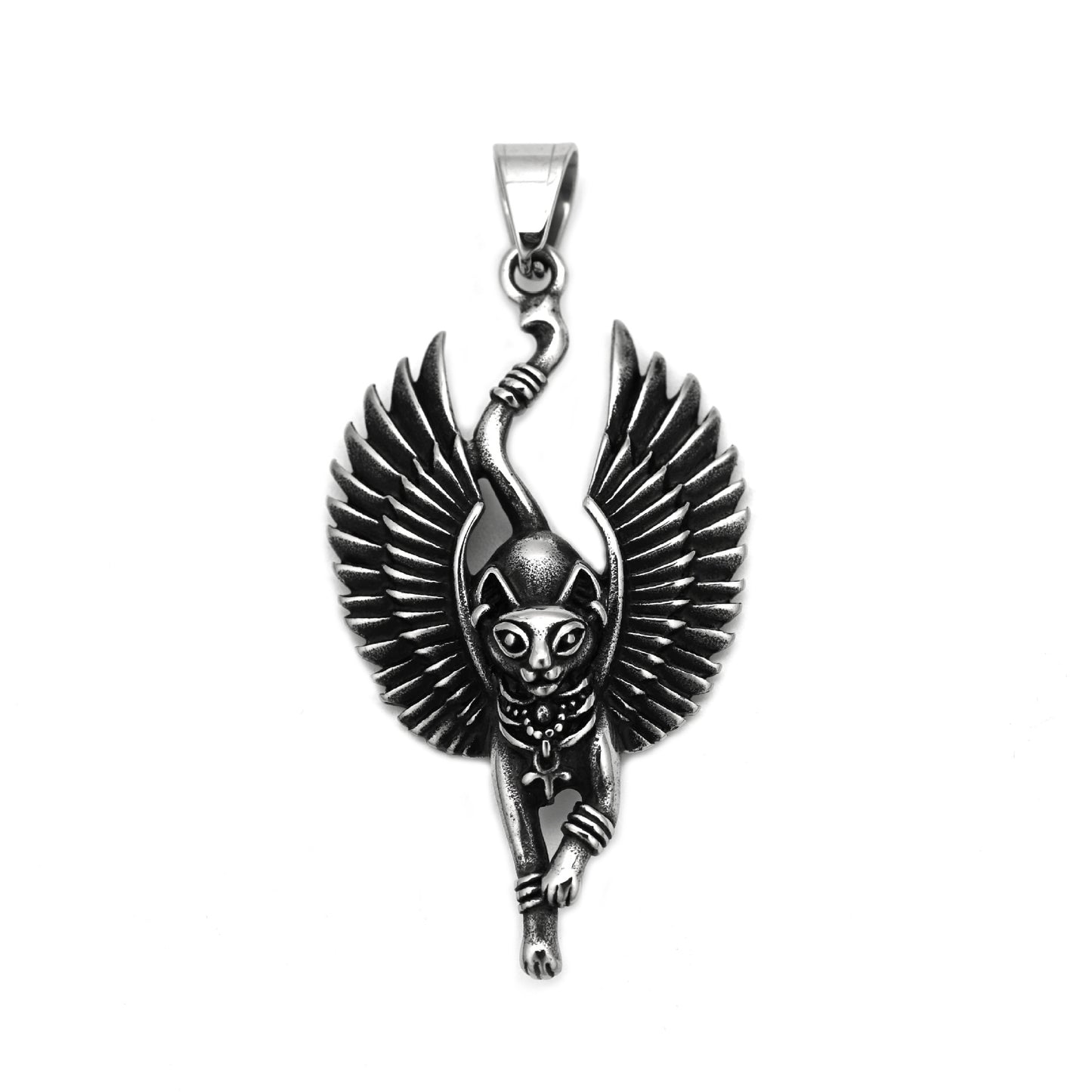 Stainless Steel Necklace - Statement Egyptian Mythology Winged Cat God Pendant For Him Gift Idea