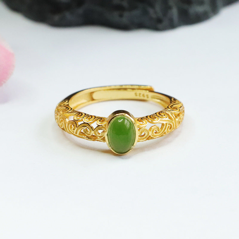 Favorable Fortune S925 Silver Ring with Natural Hotan Jade and Jasper Insets