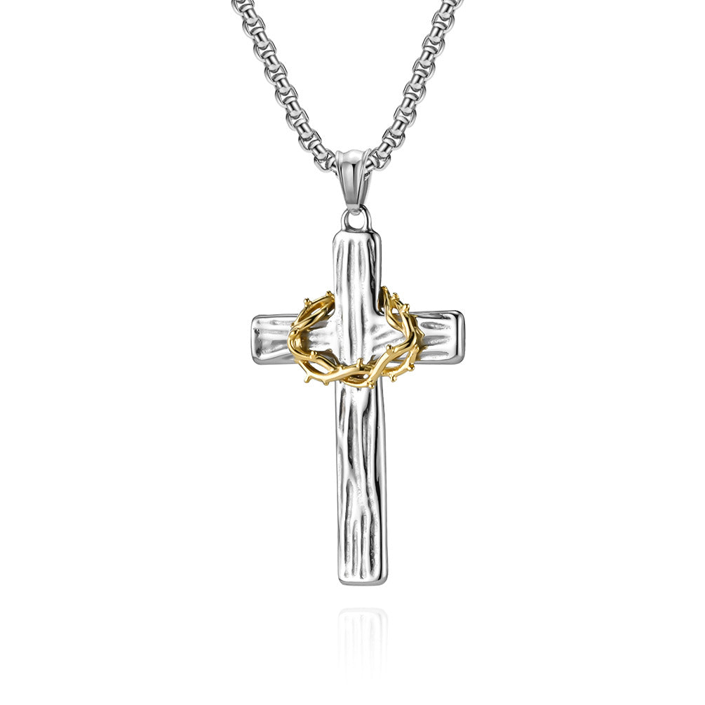 Planderful Cross Necklace For Men Titanium Steel Durable Thorn Wreath Pendant American Retro Style High End Gift