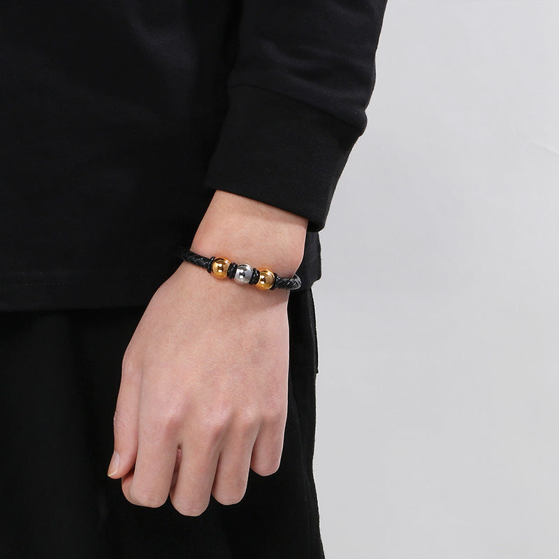 Planderful Mens Stainless Steel Leather Bracelet Hip Hop