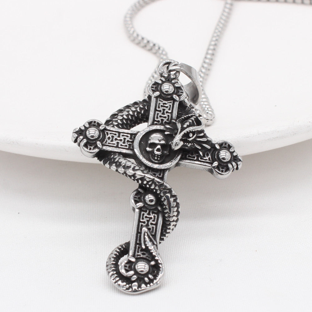 Customizable Retro Dragon Skull Cross Pendant for Men in Titanium Steel - European & American Style