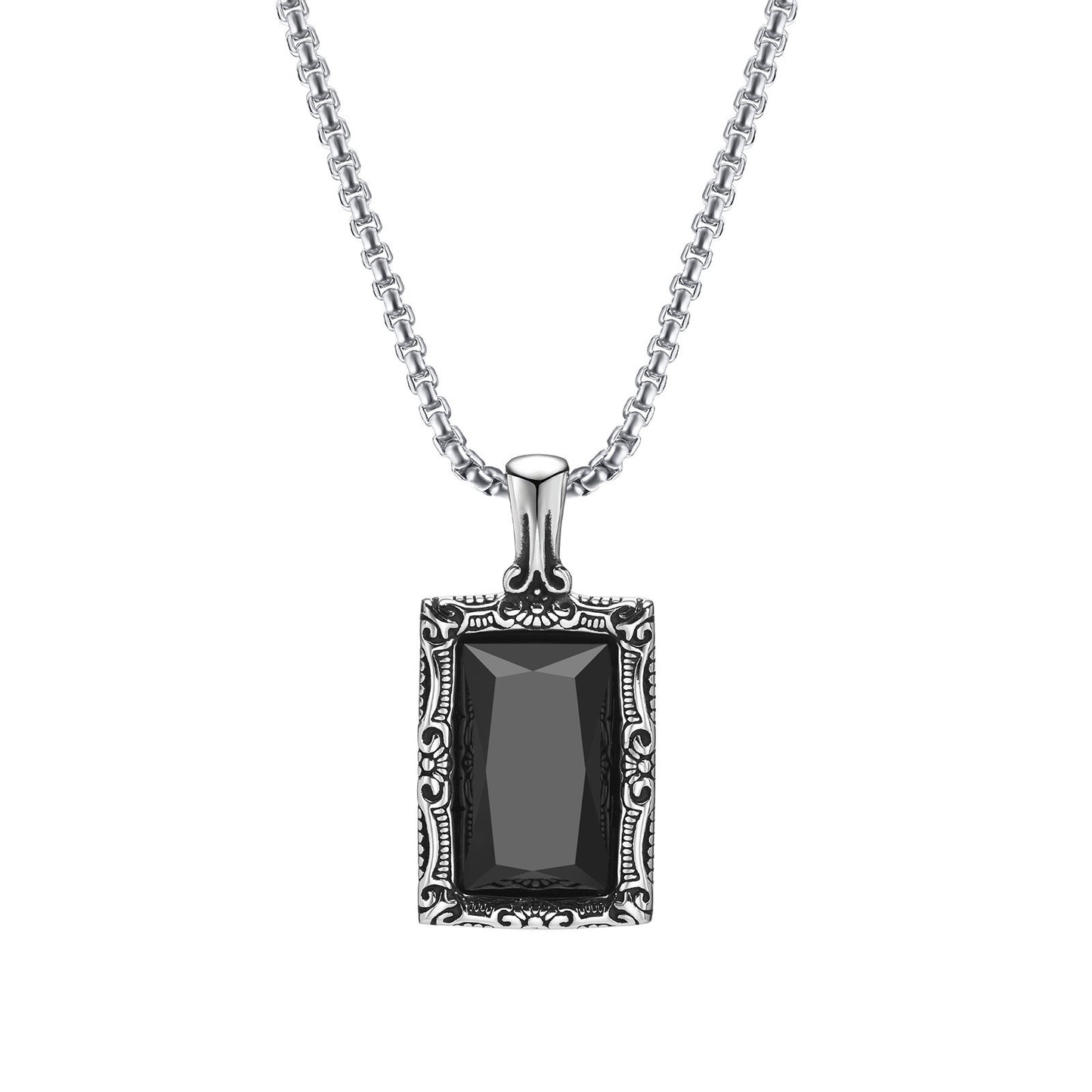 1) Planderful Mens Stainless Steel Necklace Engraved Black Zircon Vintage Hip Hop Style Gift Idea