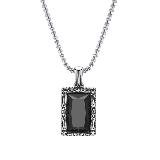 1) Planderful Mens Stainless Steel Necklace Engraved Black Zircon Vintage Hip Hop Style Gift Idea