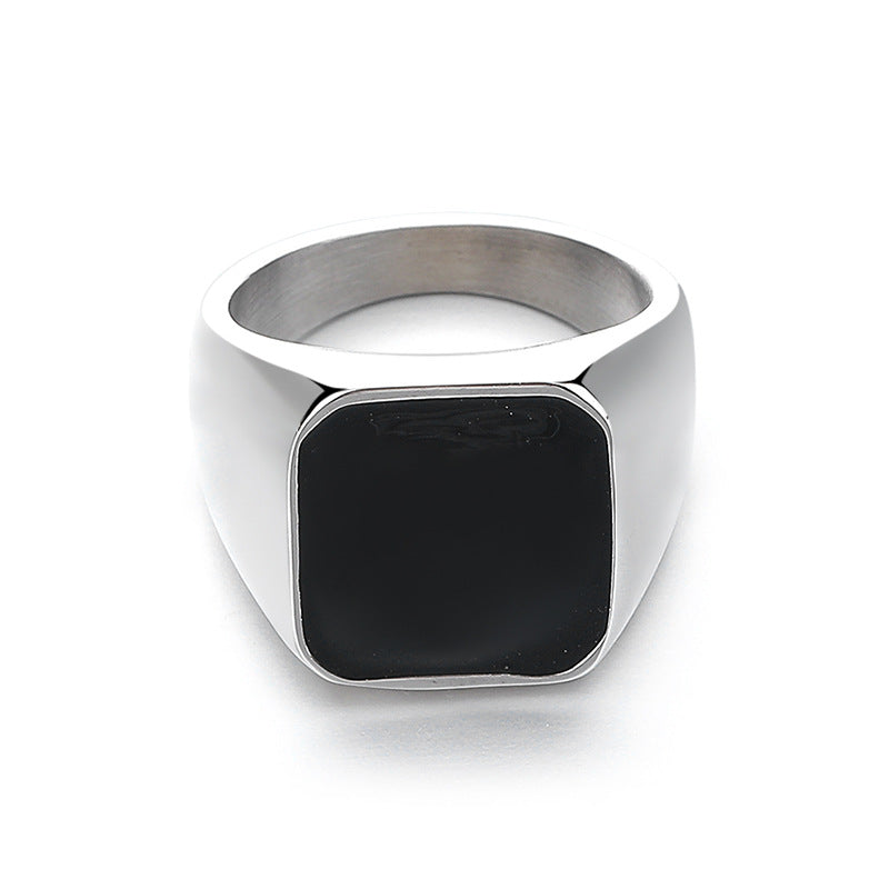 Stainless Steel Ring – Minimalist Black Epoxy Inlay Square Mens Ring For Everyday Wear