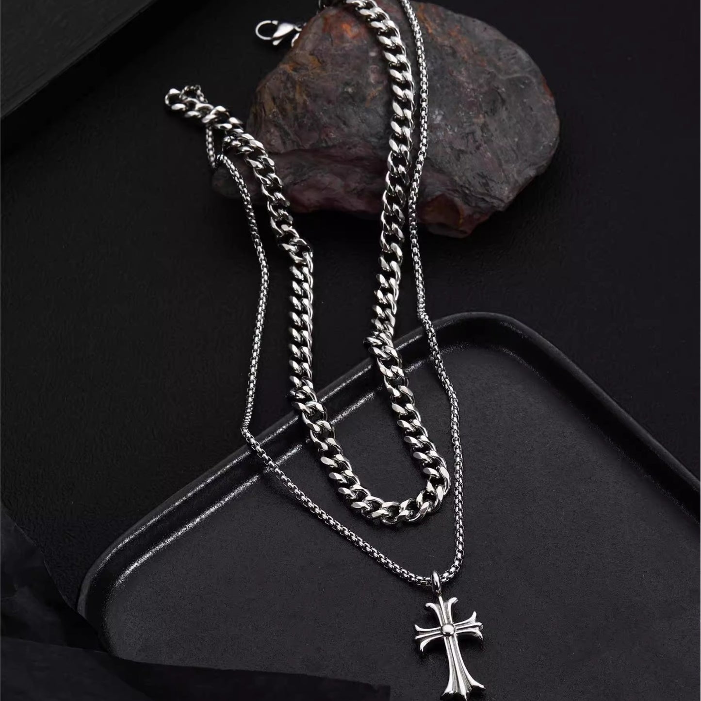 Planderful Jewelry Double Layer Cuban Necklace in Titanium Steel with Zircon Cross Pendant