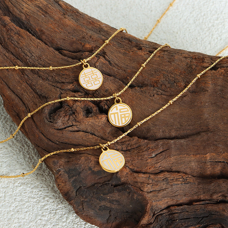 Festive Blessing Chinese Style Gold-Plated Necklace with Double-Sided Pendant