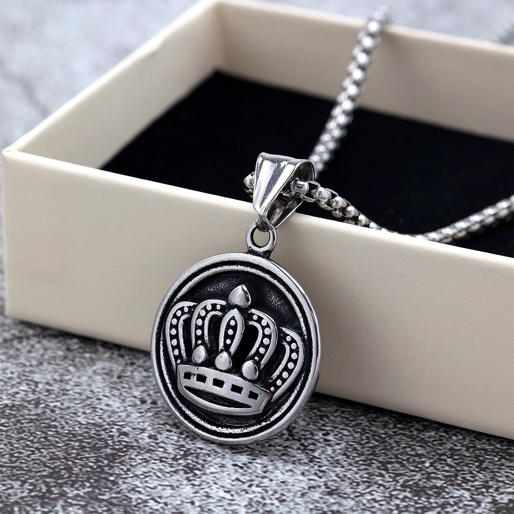Vintage Crown Stainless Steel Pendant Necklace