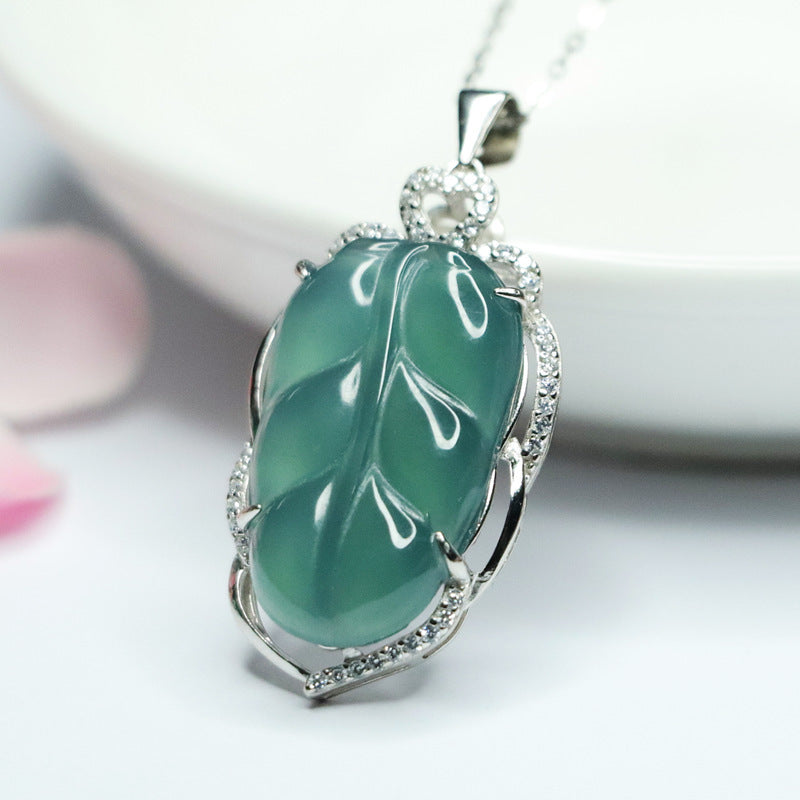 Icy Blue Jadeite Leaf Silver Pendant — No Chain