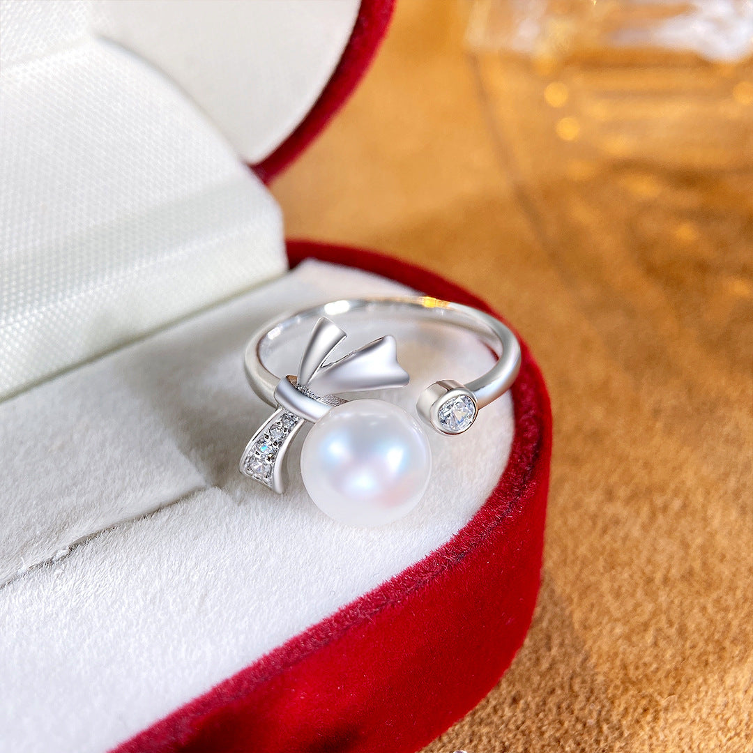 S925 Sterling Silver Freshwater Pearl Bow Ring — Adjustable