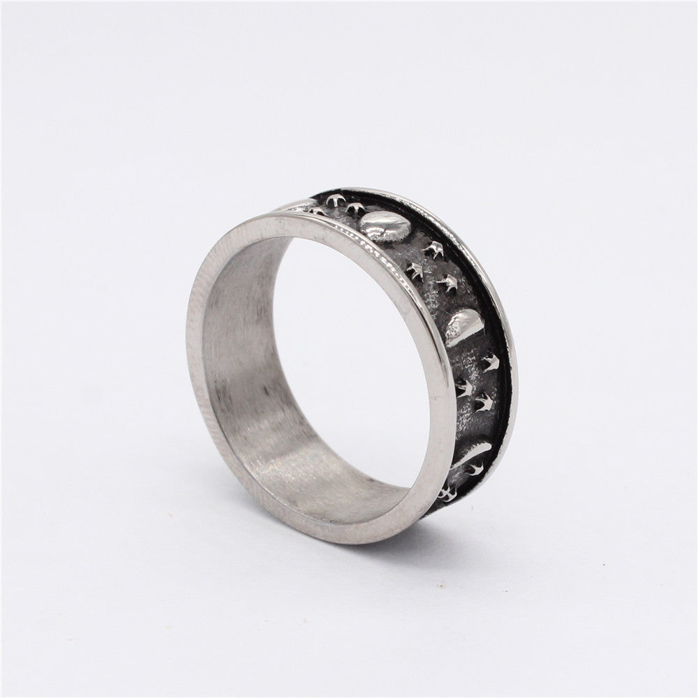 Vintage Star and Moon Titanium Steel Ring