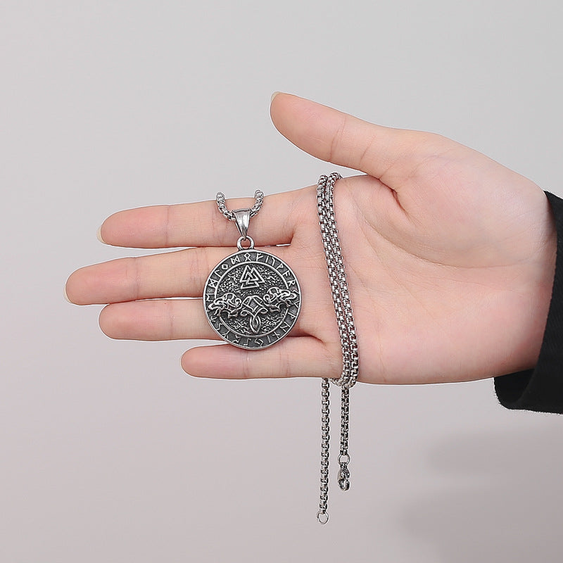 Steel Necklace – Statement Viking Rune Double Wolf Head