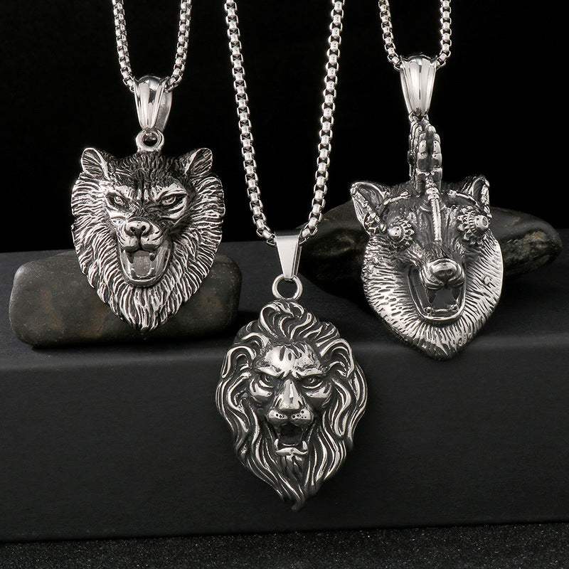 Animal Shape Old, Punk Lion Head Wolf Head Fox Titanium Steel Men's Pendant Necklace