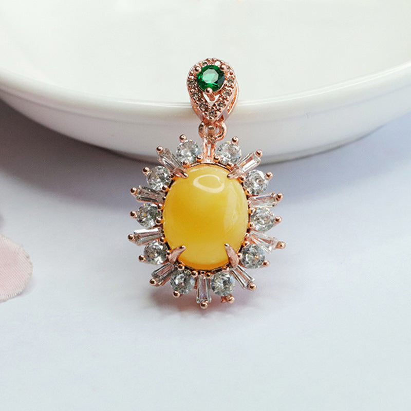 Amber Necklace with Zircon Gemstone Halo and Beeswax Pendant