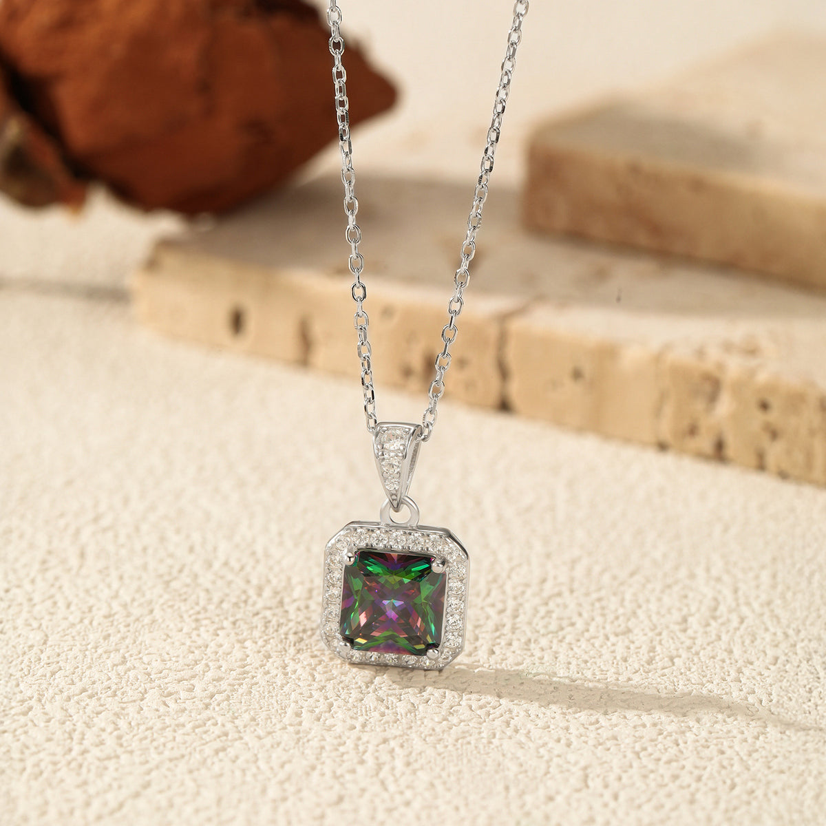925 Sterling Silver Multicolor Square Zircon Necklace