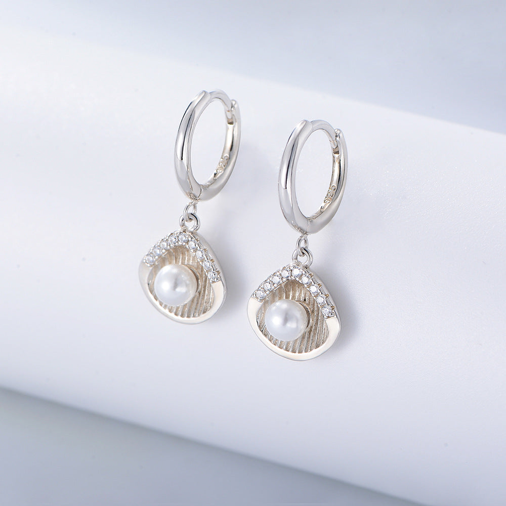 S925 Sterling Silver Shell Shape Pearl Earrings Zircon Earrings
