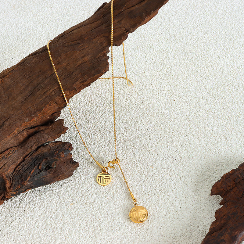 Lucky Character Pendant with Tassel - Festive Titanium Steel Necklace