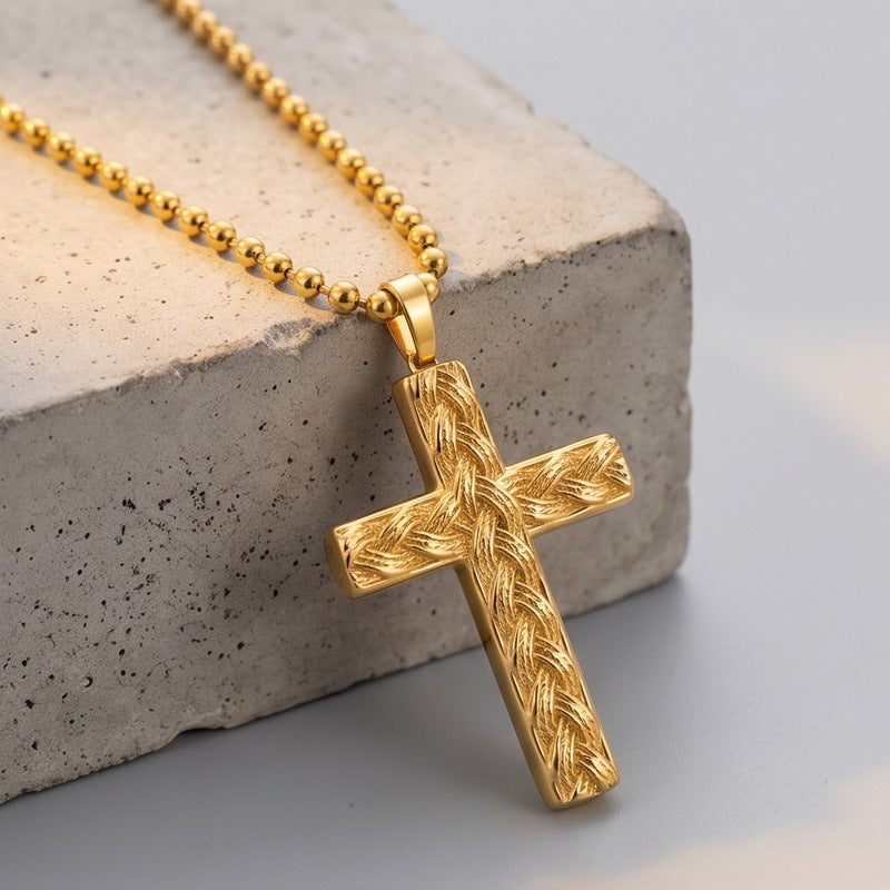 Hip Hop Stainless Steel Round Bead Chain Necklace Simple Twist Cross Pendant Square