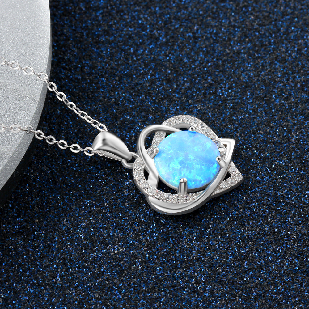 Planderful Jewelry Blue Opal Double Heart Sterling Silver Necklace Pendant with Zircon Accent